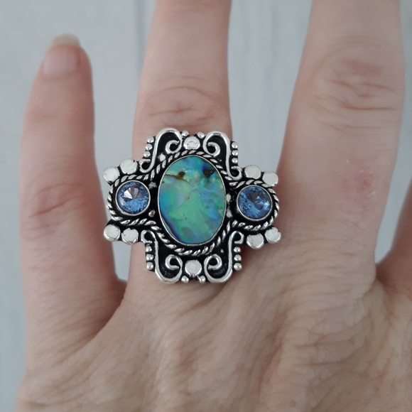 New Amazing Abalone Shell and Blue Quartz 925 Silver Ring. - Picture 3 of 8